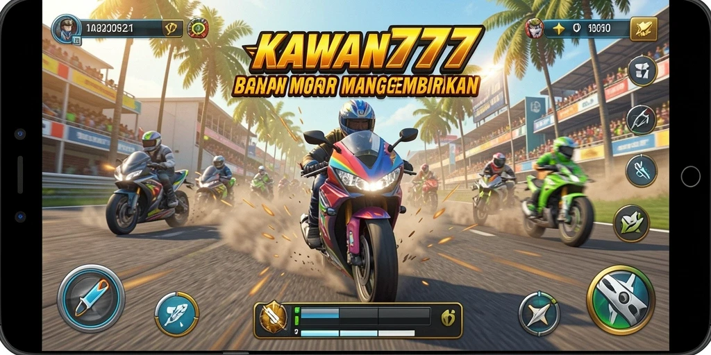Screenshot gameplay KAWAN777 dengan visual balapan motor yang menegangkan.