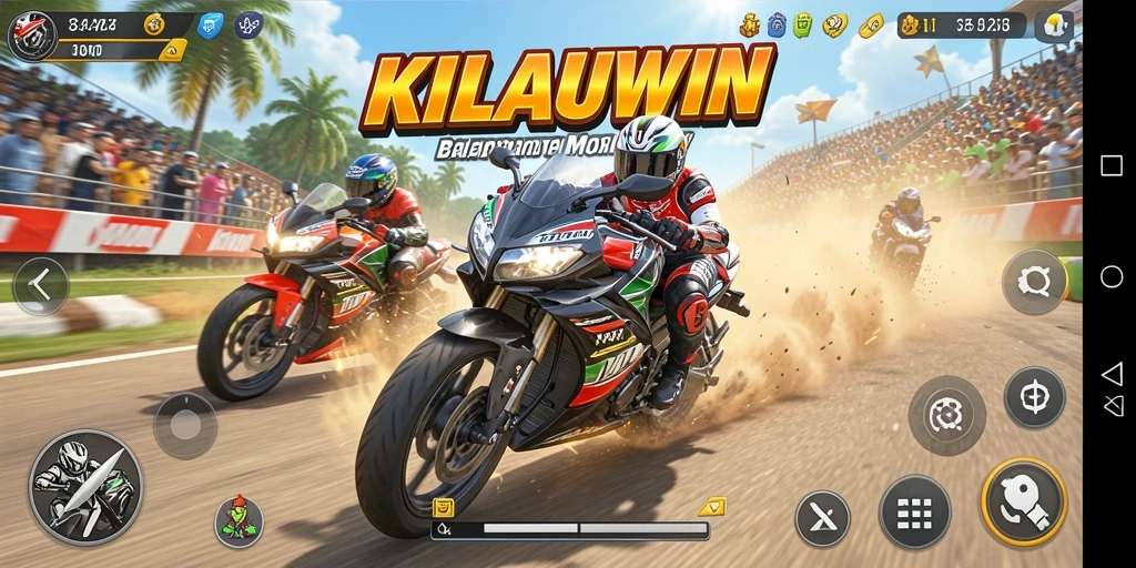 Screenshot gameplay KILAUWIN menampilkan balapan motor yang mendebarkan.