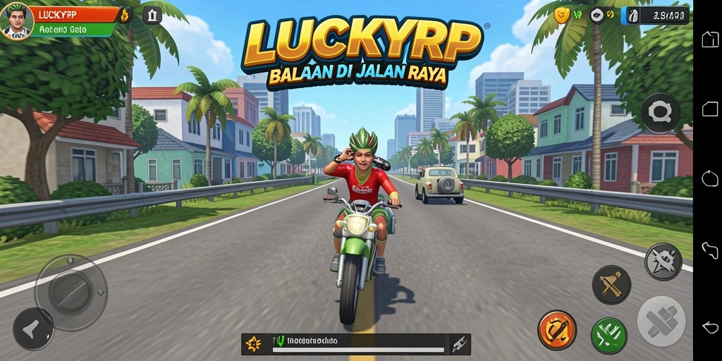 Tampilan gameplay LUCKYRP yang menegangkan di lintasan balapan.
