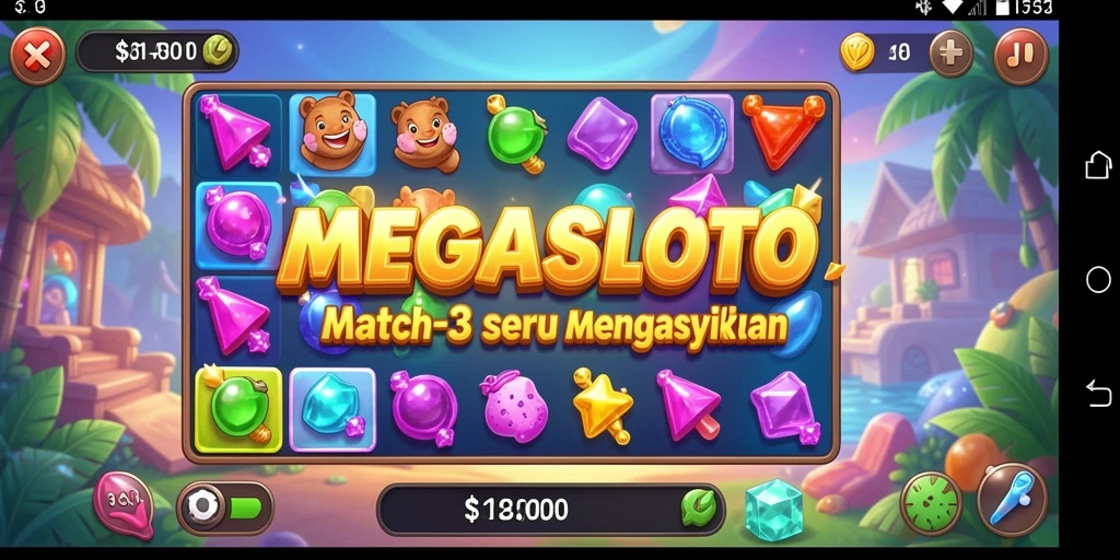 Tampilan gameplay MEGASLOTO yang menarik dan ceria.