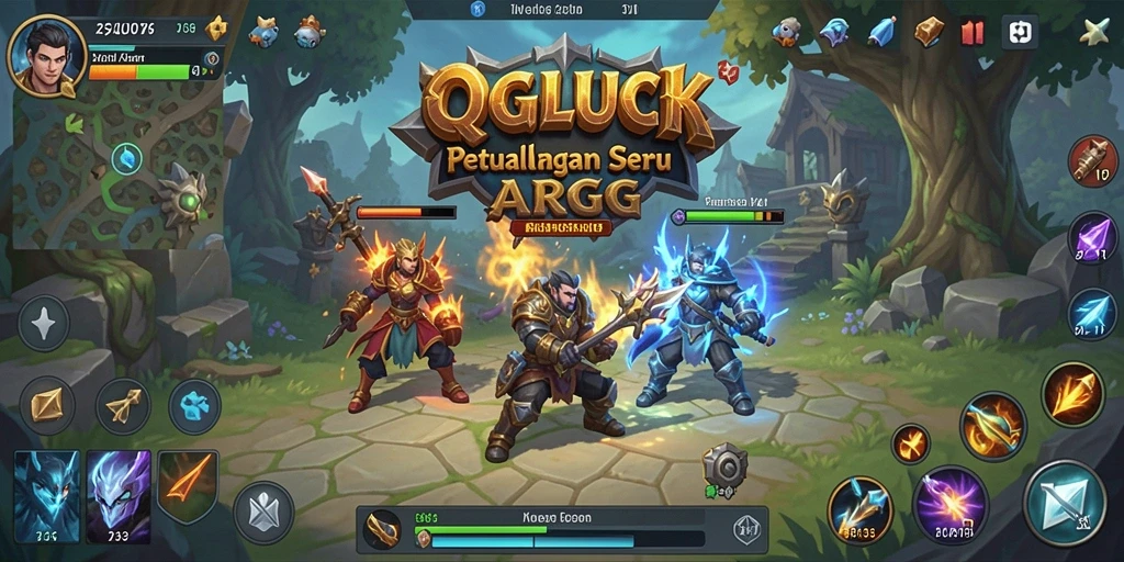 Tangkapan layar gameplay QGLUCK menampilkan aksi petualangan seru dan pertempuran intens.