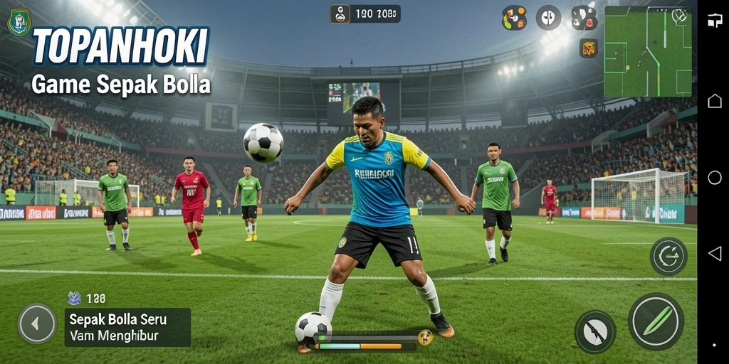 Screenshot gameplay TOPANHOKI yang menunjukkan aksi sepak bola yang intens.
